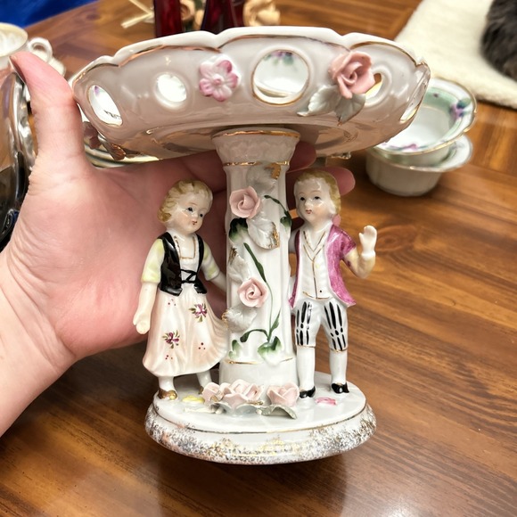 Vintage Von Schierholz Porcelain Boy Girl Compost Pedestal Bowl Roses‎ 2 Pieces - Picture 1 of 9